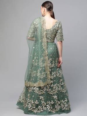 Women's green dori & sequins embroidered net lehenga for bride 4