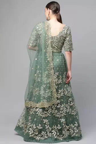 Women's green dori & sequins embroidered net lehenga for bride