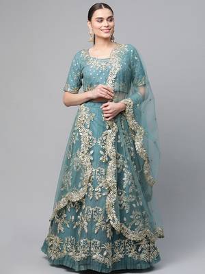 Women's Turquoise sequins and dori embroidered soft net festive & party wear semi stitched lehenga 1