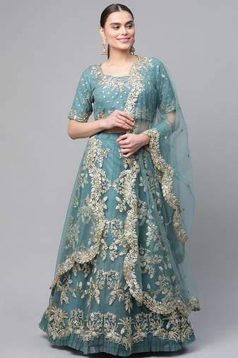 Women's Turquoise sequins and dori embroidered soft net festive & party wear semi stitched lehenga