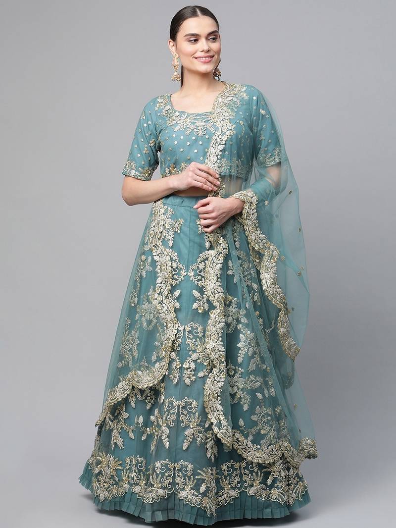 Women's Turquoise sequins and dori embroidered soft net festive & party wear semi stitched lehenga