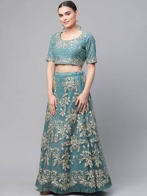 Women's Turquoise sequins and dori embroidered soft net festive & party wear semi stitched lehenga 2
