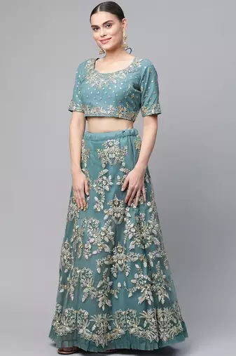 Women's Turquoise sequins and dori embroidered soft net festive & party wear semi stitched lehenga