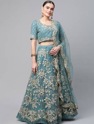 Women's Turquoise sequins and dori embroidered soft net festive & party wear semi stitched lehenga 3