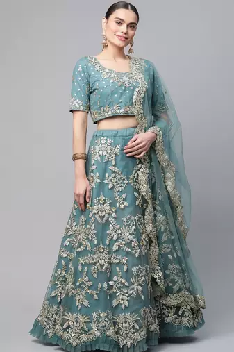 Women's Turquoise sequins and dori embroidered soft net festive & party wear semi stitched lehenga