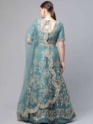 Women's Turquoise sequins and dori embroidered soft net festive & party wear semi stitched lehenga 4