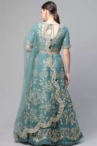 Women's Turquoise sequins and dori embroidered soft net festive & party wear semi stitched lehenga
