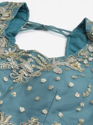Women's Turquoise sequins and dori embroidered soft net festive & party wear semi stitched lehenga 5
