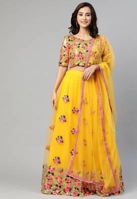 Women's yellow embroidered sequinned semi stitched lehenga & unstitched blouse with dupatta 1