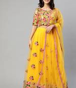 Women's yellow embroidered sequinned semi stitched lehenga & unstitched blouse with dupatta