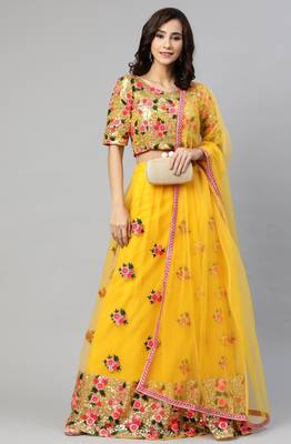 Women's yellow embroidered sequinned semi stitched lehenga & unstitched blouse with dupatta 2