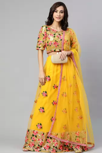 Women's yellow embroidered sequinned semi stitched lehenga & unstitched blouse with dupatta