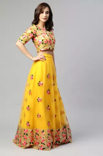 Women's yellow embroidered sequinned semi stitched lehenga & unstitched blouse with dupatta