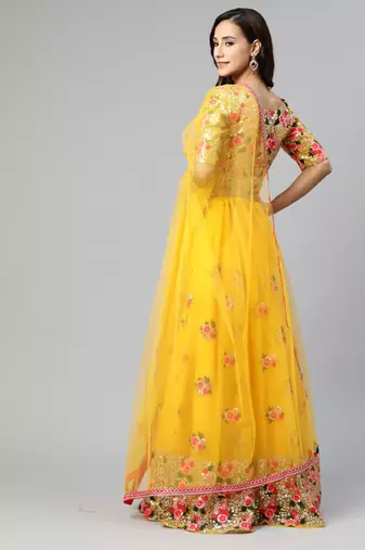 Women's yellow embroidered sequinned semi stitched lehenga & unstitched blouse with dupatta