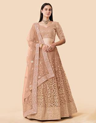 Women's Brown Zari Worked Soft Net Wedding Wear Lehenga Choli 1