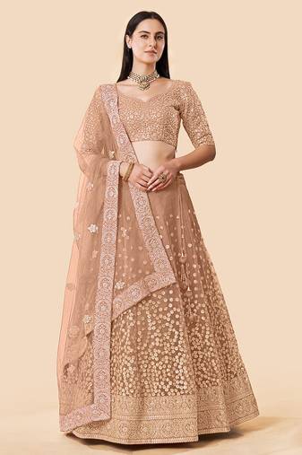 Women's Brown Zari Worked Soft Net Wedding Wear Lehenga Choli