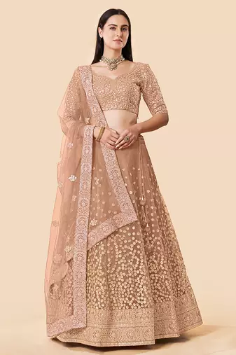 Women's Brown Zari Worked Soft Net Wedding Wear Lehenga Choli