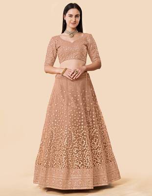 Women's Brown Zari Worked Soft Net Wedding Wear Lehenga Choli 2