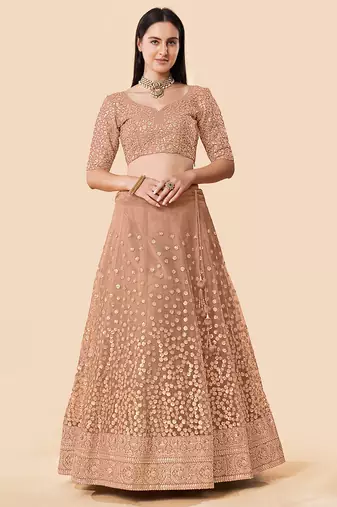 Women's Brown Zari Worked Soft Net Wedding Wear Lehenga Choli