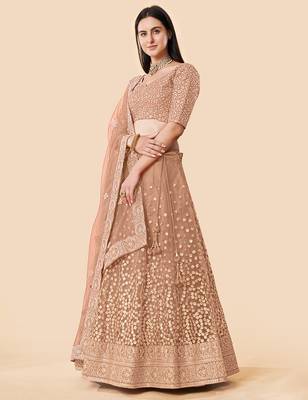 Women's Brown Zari Worked Soft Net Wedding Wear Lehenga Choli 3