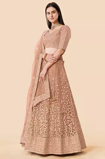 Women's Brown Zari Worked Soft Net Wedding Wear Lehenga Choli