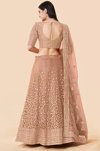 Women's Brown Zari Worked Soft Net Wedding Wear Lehenga Choli