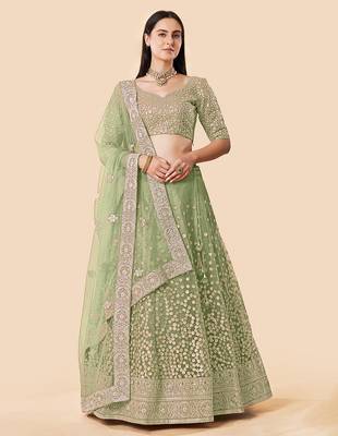 Women's Green  Zari Worked Soft Net Wedding Wear Lehenga Choli 1