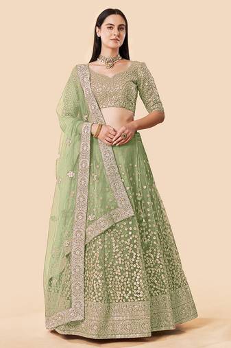 Women's Green  Zari Worked Soft Net Wedding Wear Lehenga Choli