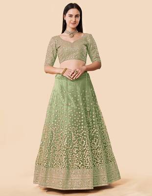 Women's Green  Zari Worked Soft Net Wedding Wear Lehenga Choli 2