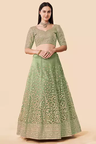 Women's Green  Zari Worked Soft Net Wedding Wear Lehenga Choli