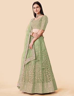Women's Green  Zari Worked Soft Net Wedding Wear Lehenga Choli 3