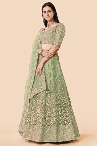 Women's Green  Zari Worked Soft Net Wedding Wear Lehenga Choli