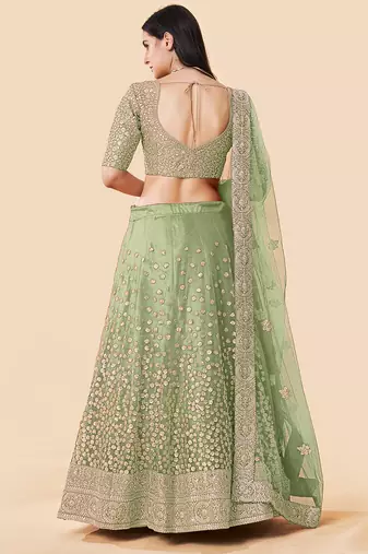 Women's Green  Zari Worked Soft Net Wedding Wear Lehenga Choli