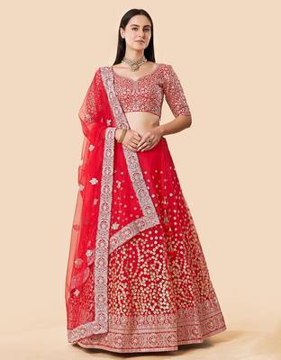 Women's Red  Zari Worked Soft Net Wedding Wear Lehenga Choli 1