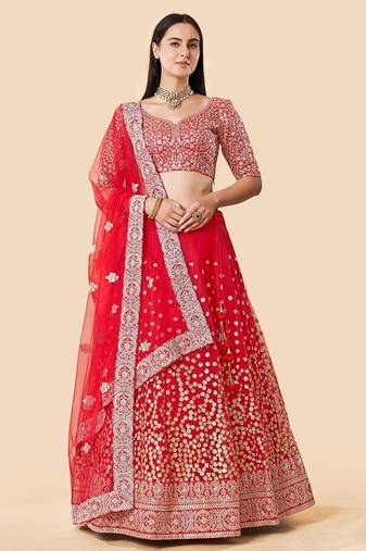 Women's Red  Zari Worked Soft Net Wedding Wear Lehenga Choli