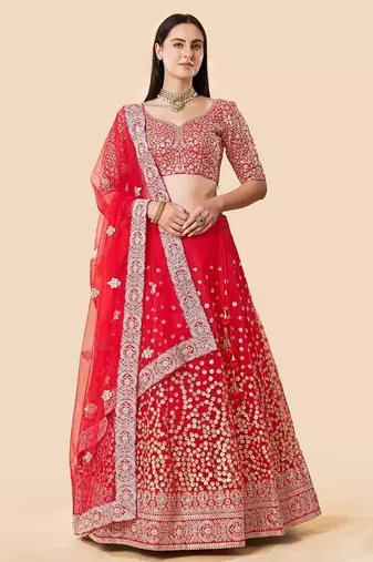 Women's Red  Zari Worked Soft Net Wedding Wear Lehenga Choli