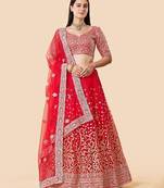Women's Red  Zari Worked Soft Net Wedding Wear Lehenga Choli