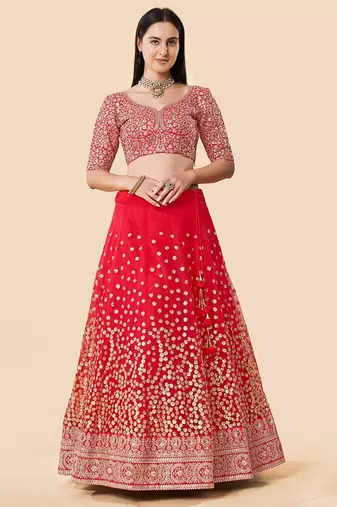 Women's Red  Zari Worked Soft Net Wedding Wear Lehenga Choli