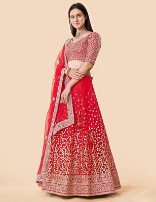 Women's Red  Zari Worked Soft Net Wedding Wear Lehenga Choli 3