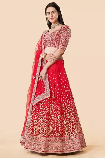 Women's Red  Zari Worked Soft Net Wedding Wear Lehenga Choli