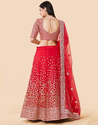Women's Red  Zari Worked Soft Net Wedding Wear Lehenga Choli 5
