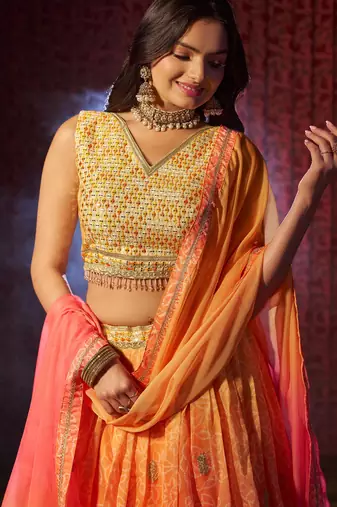 Pink Art Silk Embroidered Bnadhini Print Umbrella Lehenga Party Wear