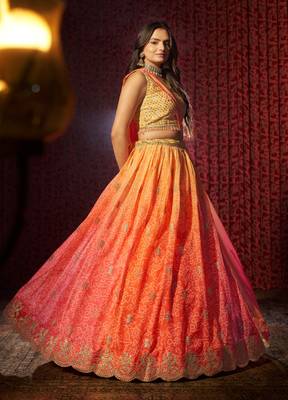 Pink Art Silk Embroidered Bnadhini Print Umbrella Lehenga Party Wear 1