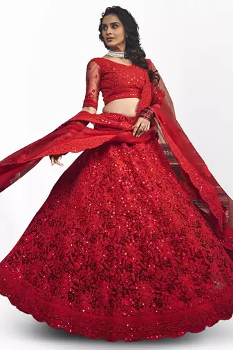 Women's Red zarkan and dori embroidered net designer lehenga choli