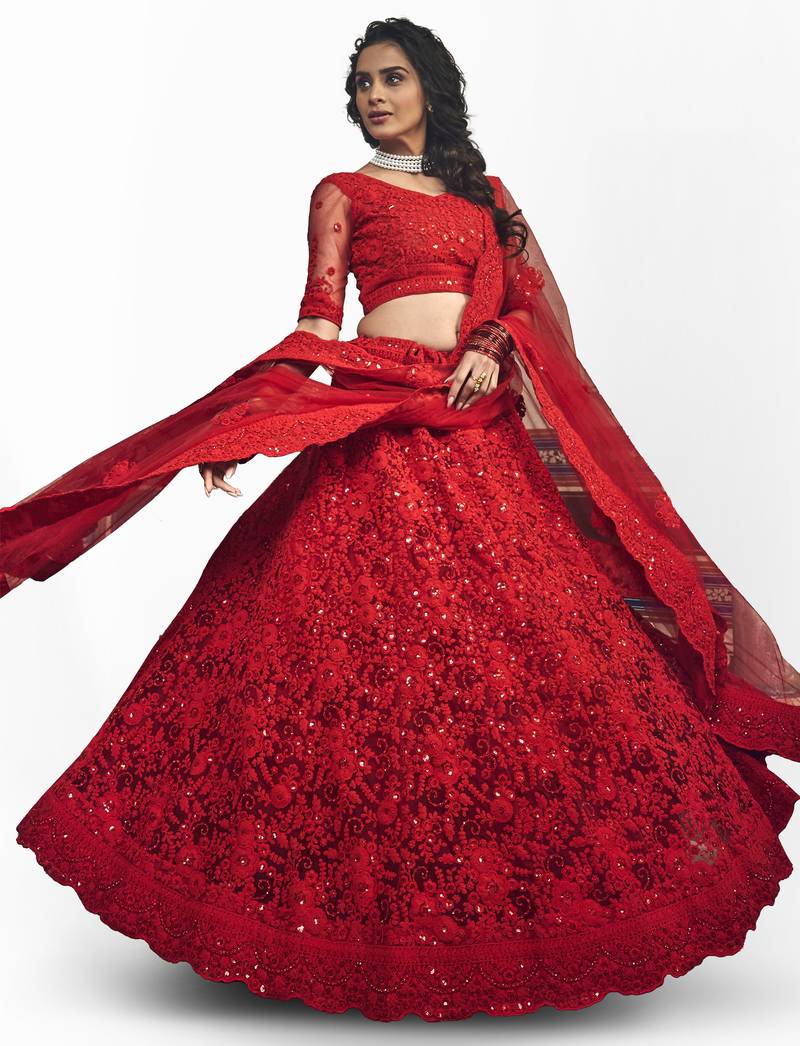 Women's Red zarkan and dori embroidered net designer lehenga choli