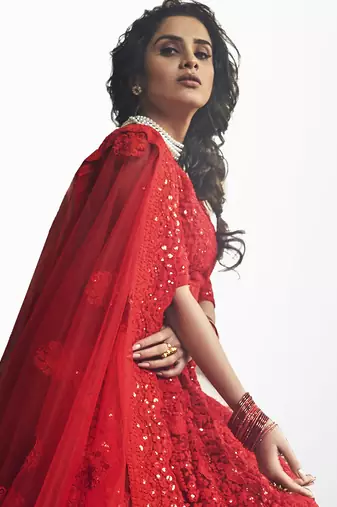 Women's Red zarkan and dori embroidered net lehenga choli