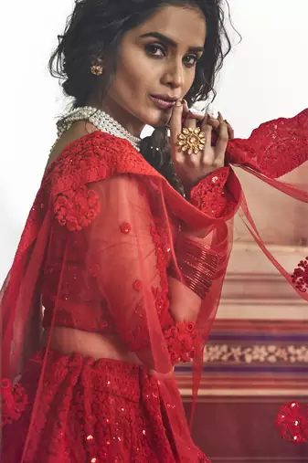 Women's Red zarkan and dori embroidered net lehenga choli