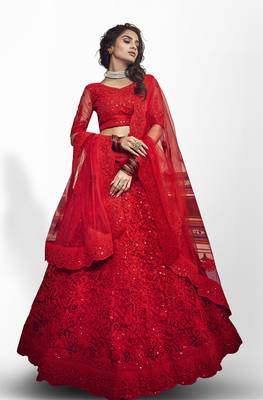 Women's Red zarkan and dori embroidered net lehenga choli 4