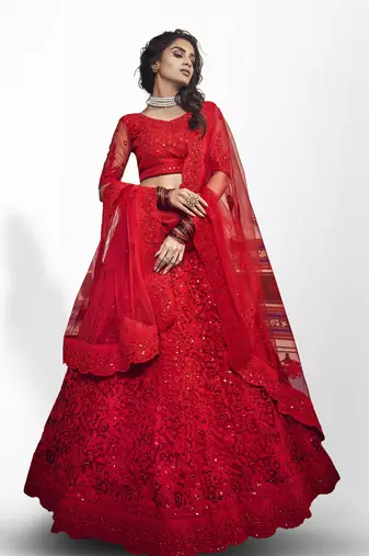 Women's Red zarkan and dori embroidered net lehenga choli