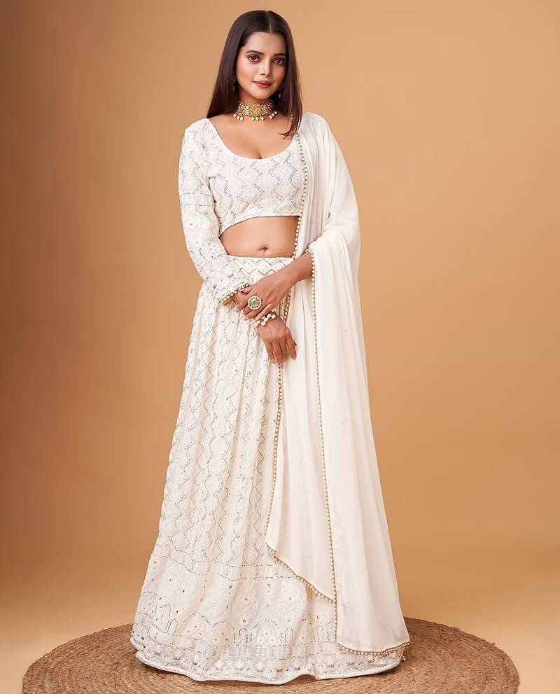 Fascinating White Thread Work Georgette Bridesmaid Lehenga Choli